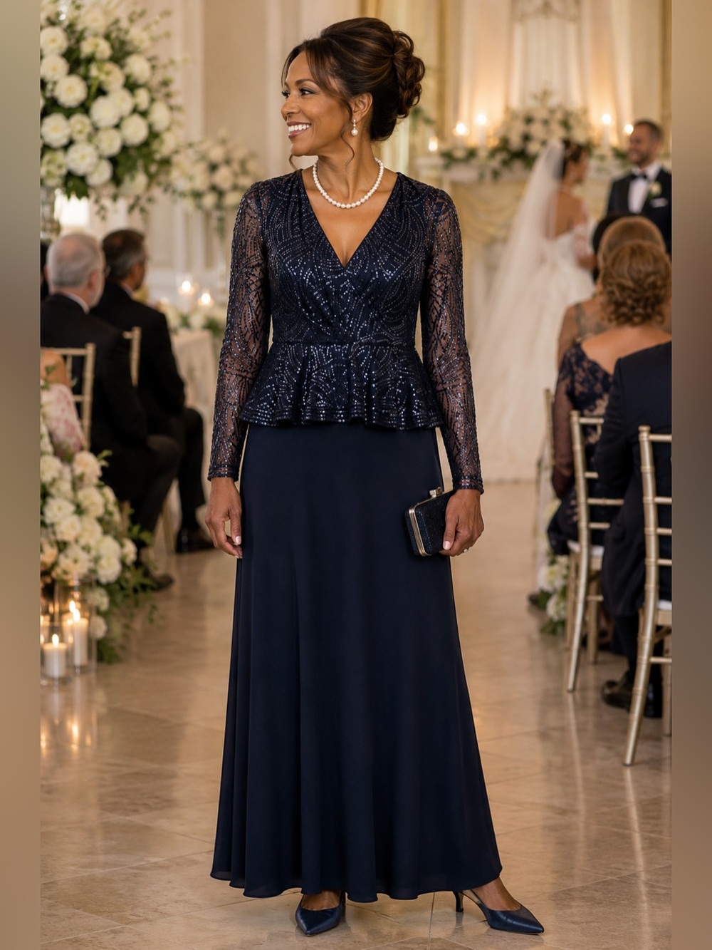 Tadashi Shoji Navy Sequin Peplum Evening Gown Mother of the Bride Formal Wedding